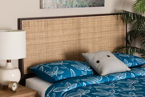 bali & pari Aurelia Modern Bohemian Dark Brown Finished Bayur Wood and Natural Rattan Queen Size Headboard