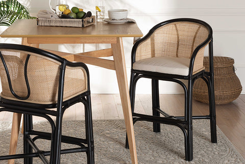 bali & pari Miranda Modern Bohemian Two-Tone Black and Natural Brown Rattan Counter Stool