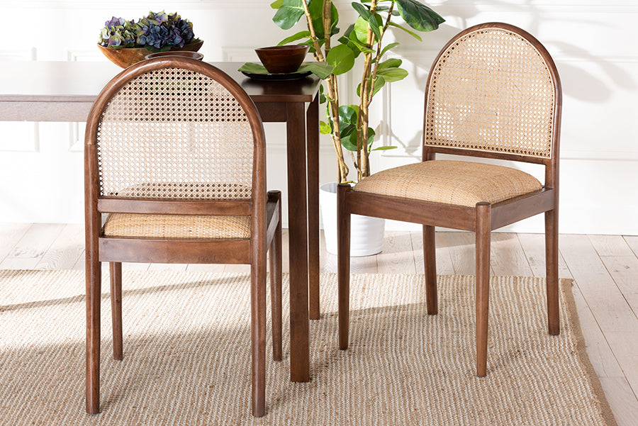 bali & pari Maryland Modern Bohemian Natural Rattan and Acacia Wood 2-Piece Dining Chair Set