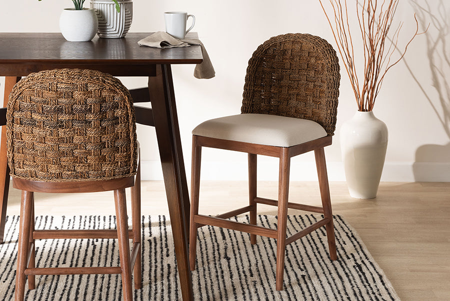 bali & pari Denver Modern Bohemian Walnut Brown Finished Acacia Wood and Seagrass Counter Stool