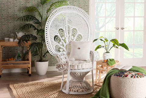 bali & pari Ediva Modern Bohemian White Natural Rattan Peacock Accent Chair