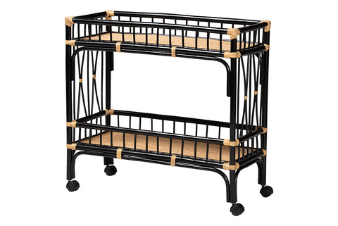 bali & pari Dalinda Modern Bohemian Two-Tone Black and Natural Brown Rattan 2-Tier Kitchen Cart