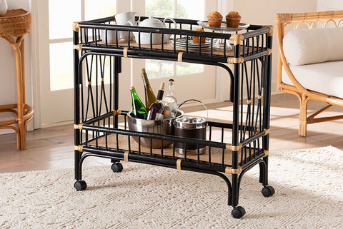 bali & pari Dalinda Modern Bohemian Two-Tone Black and Natural Brown Rattan 2-Tier Kitchen Cart