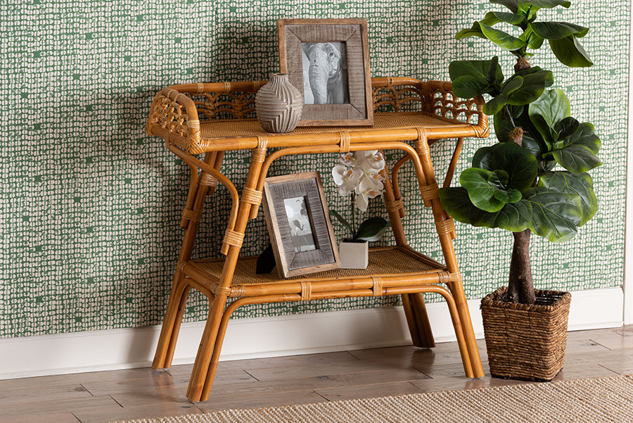 bali & pari Nayana Modern Bohemian Natural Rattan 2-Tier Console Table