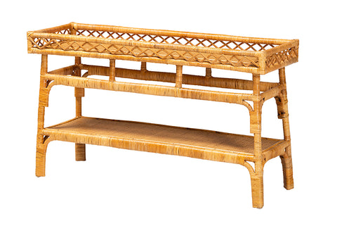 bali & pari Savitri Modern Bohemian Natural Rattan 2-Tier Console Table