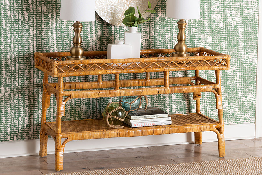 bali & pari Savitri Modern Bohemian Natural Rattan 2-Tier Console Table