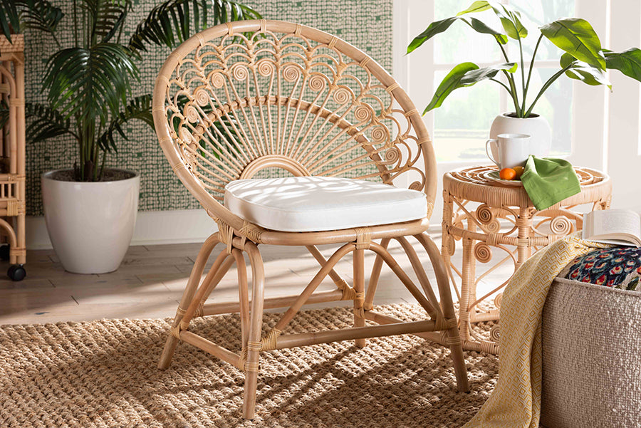 bali & pari Abriella Modern Bohemian Natural Brown Rattan Peacock Accent Chair