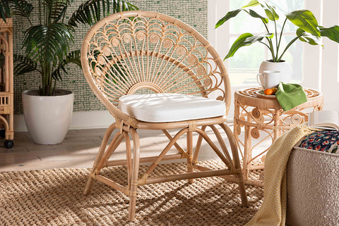 bali & pari Abriella Modern Bohemian Natural Brown Rattan Peacock Accent Chair