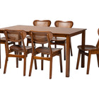 Baxton Studio Jeriah Mid-Century Modern Walnut Brown Finished Wood and Woven Rattan 7-Piece Dining Set