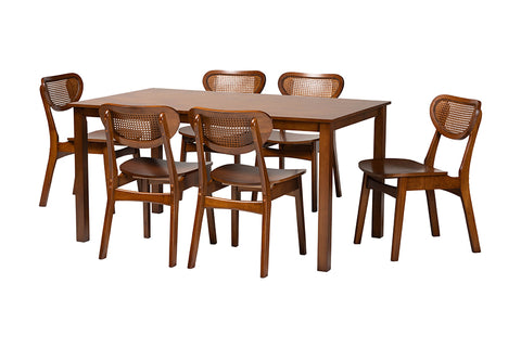 Baxton Studio Jeriah Mid-Century Modern Walnut Brown Finished Wood and Woven Rattan 7-Piece Dining Set
