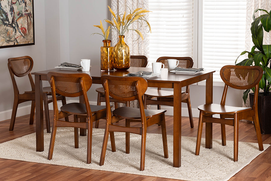 Baxton Studio Jeriah Mid-Century Modern Walnut Brown Finished Wood and Woven Rattan 7-Piece Dining Set
