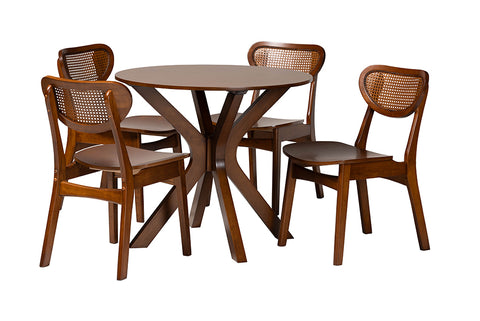 Baxton Studio Giuliana Mid-Century Modern Walnut Brown Finished Wood and Woven Rattan 5-Piece Dining Set