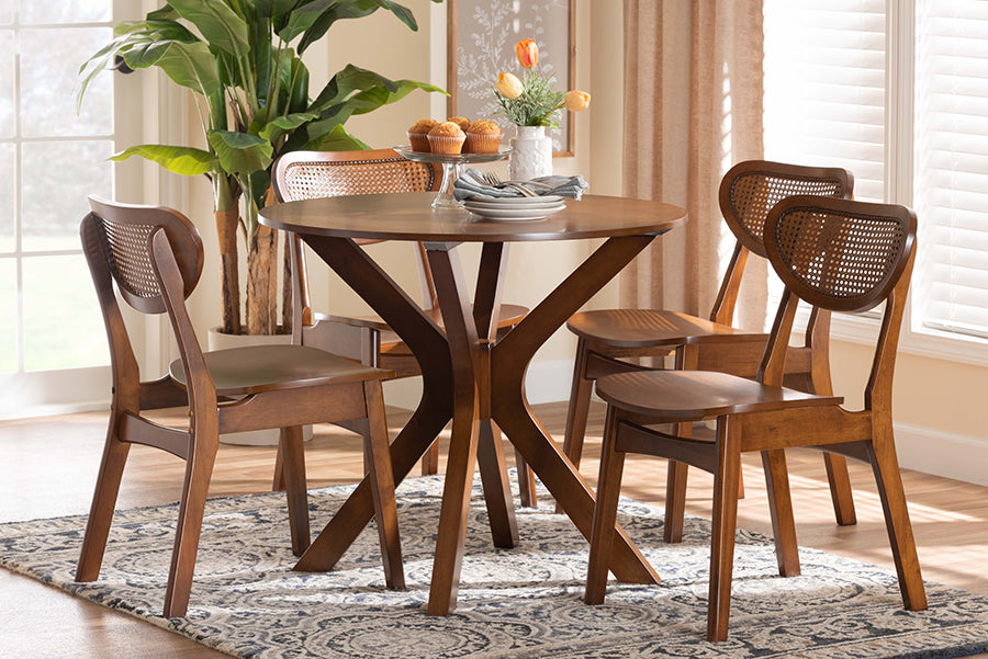 Baxton Studio Giuliana Mid-Century Modern Walnut Brown Finished Wood and Woven Rattan 5-Piece Dining Set