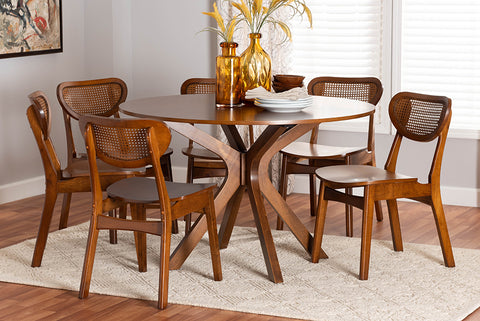 Baxton Studio Giuliana Mid-Century Modern Walnut Brown Finished Wood and Woven Rattan 7-Piece Dining Set