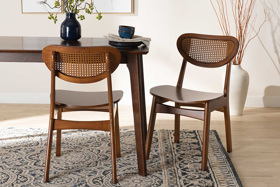 Baxton Studio Hesper Mid-Century Modern Walnut Brown Finished Wood and Rattan 2-Piece Dining Chair Set