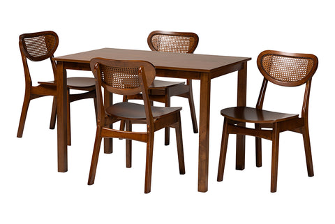 Baxton Studio Jeriah Mid-Century Modern Walnut Brown Finished Wood and Woven Rattan 5-Piece Dining Set