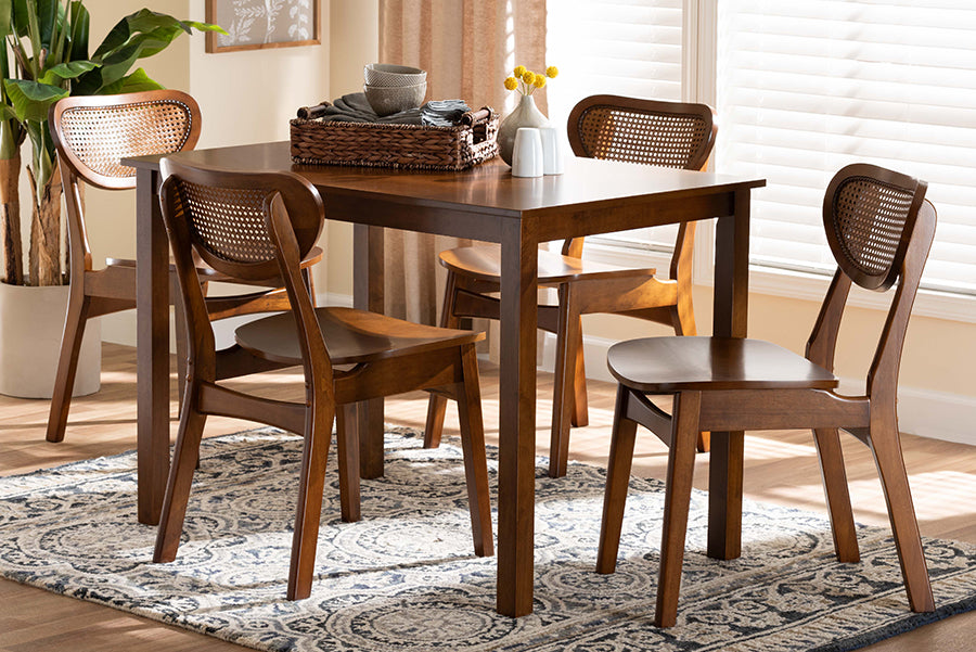 Baxton Studio Jeriah Mid-Century Modern Walnut Brown Finished Wood and Woven Rattan 5-Piece Dining Set