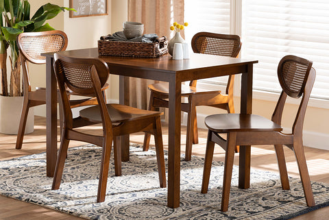 Baxton Studio Jeriah Mid-Century Modern Walnut Brown Finished Wood and Woven Rattan 5-Piece Dining Set