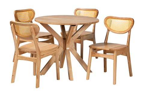 Baxton Studio Donato Mid-Century Modern Oak Brown Finished Wood and Rattan 5-Piece Dining Set