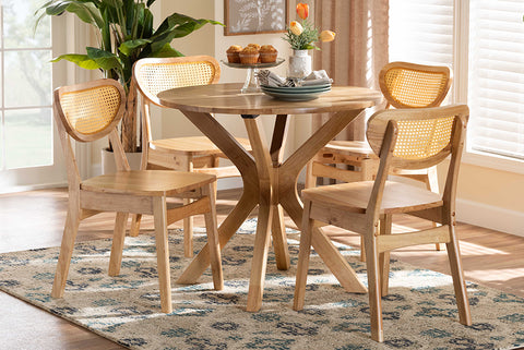 Baxton Studio Donato Mid-Century Modern Oak Brown Finished Wood and Rattan 5-Piece Dining Set