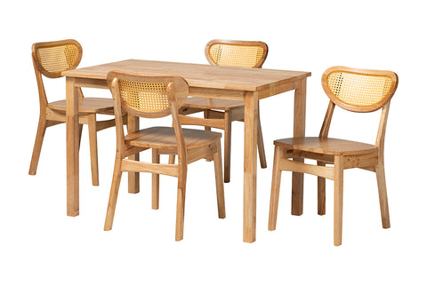 Baxton Studio Haviland Mid-Century Modern Oak Brown Finished Wood and Rattan 5-Piece Dining Set