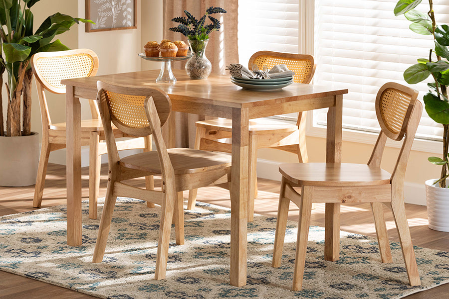 Baxton Studio Haviland Mid-Century Modern Oak Brown Finished Wood and Rattan 5-Piece Dining Set