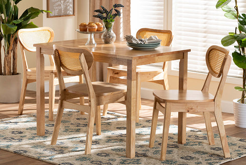 Baxton Studio Haviland Mid-Century Modern Oak Brown Finished Wood and Rattan 5-Piece Dining Set