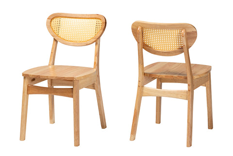 Baxton Studio Nenet Mid-Century Modern Oak Brown Finished Wood and Rattan 2-Piece Dining Chair Set