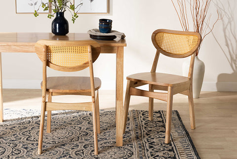 Baxton Studio Nenet Mid-Century Modern Oak Brown Finished Wood and Rattan 2-Piece Dining Chair Set