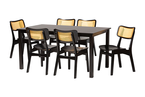 Baxton Studio Estera Mid-Century Modern Dark Brown Finished Wood and Rattan 7-Piece Dining Set
