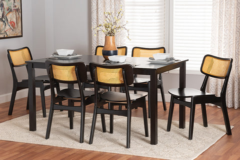 Baxton Studio Estera Mid-Century Modern Dark Brown Finished Wood and Rattan 7-Piece Dining Set