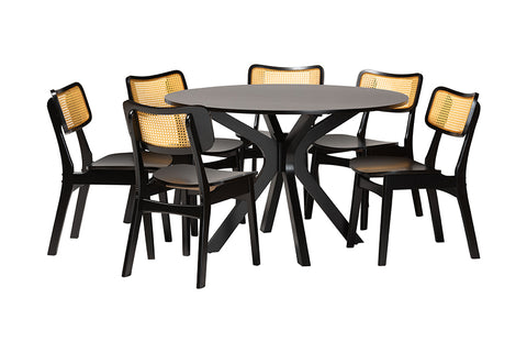 Baxton Studio Linnet Mid-Century Modern Dark Brown Finished Wood and Rattan 7-Piece Dining Set