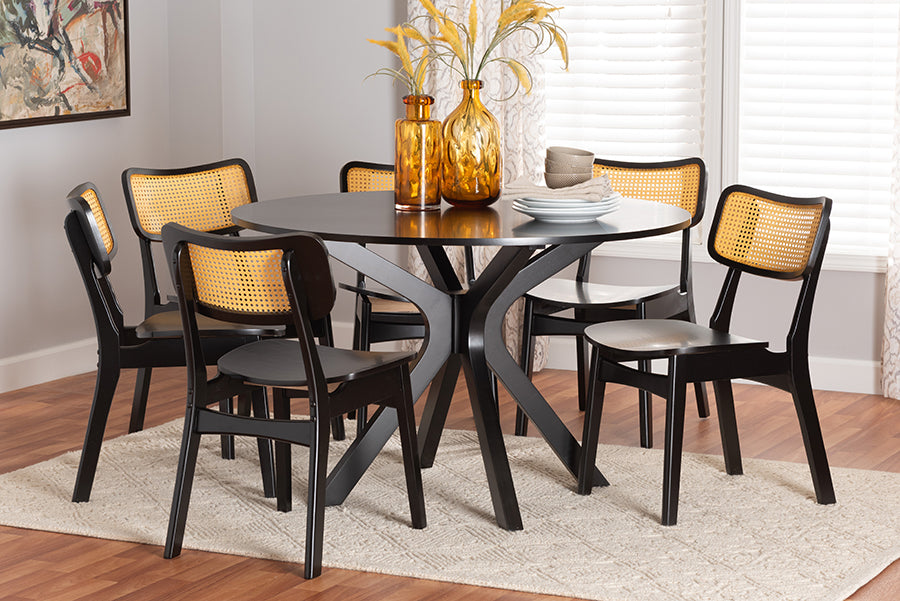 Baxton Studio Linnet Mid-Century Modern Dark Brown Finished Wood and Rattan 7-Piece Dining Set