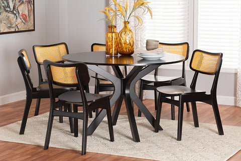 Baxton Studio Linnet Mid-Century Modern Dark Brown Finished Wood and Rattan 7-Piece Dining Set