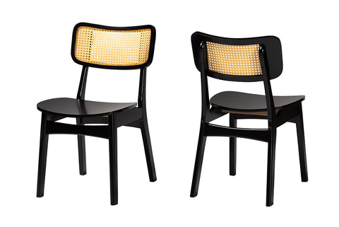 Baxton Studio Tafari Mid-Century Modern Dark Brown Finished Wood and Rattan 2-Piece Dining Chair Set
