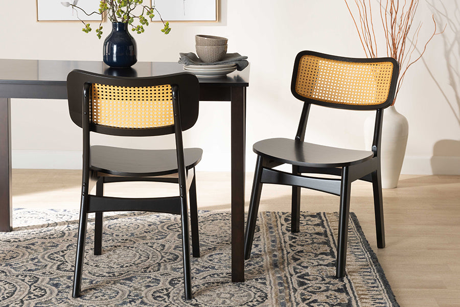 Baxton Studio Tafari Mid-Century Modern Dark Brown Finished Wood and Rattan 2-Piece Dining Chair Set
