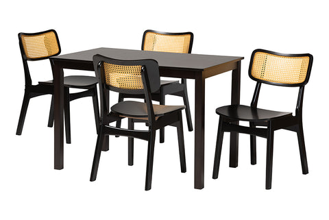 Baxton Studio Estera Mid-Century Modern Dark Brown Finished Wood and Rattan 5-Piece Dining Set