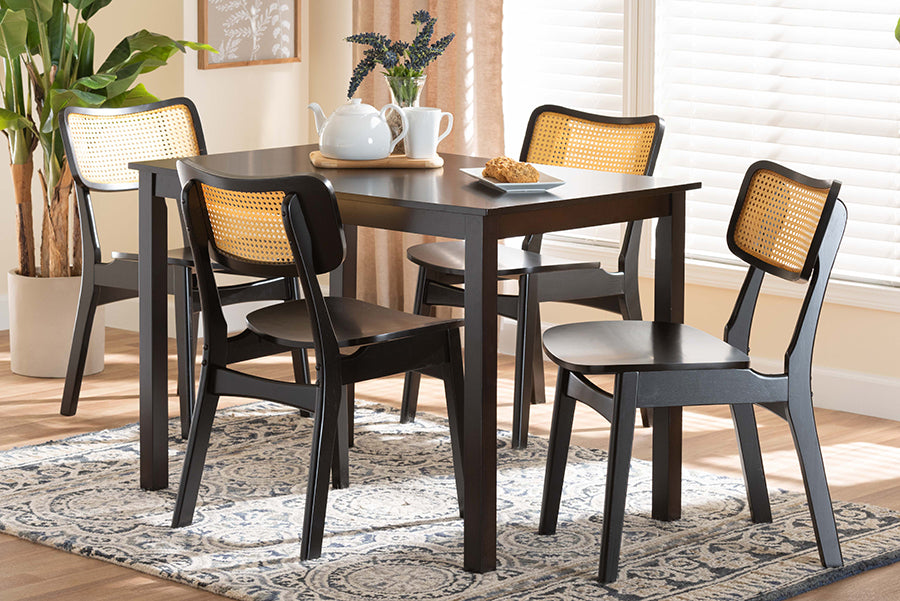 Baxton Studio Estera Mid-Century Modern Dark Brown Finished Wood and Rattan 5-Piece Dining Set