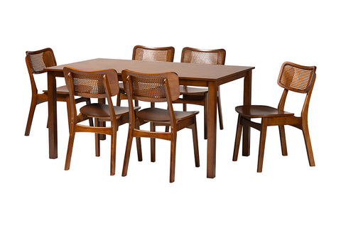 Baxton Studio Estera Mid-Century Modern Walnut Brown Finished Wood and Rattan 7-Piece Dining Set