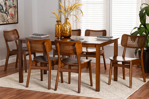 Baxton Studio Estera Mid-Century Modern Walnut Brown Finished Wood and Rattan 7-Piece Dining Set
