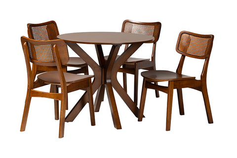 Baxton Studio Linnet Mid-Century Modern Walnut Brown Finished Wood and Rattan 5-Piece Dining Set