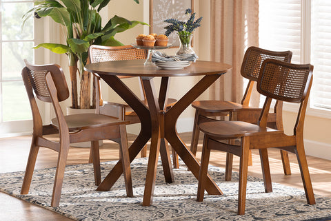Baxton Studio Linnet Mid-Century Modern Walnut Brown Finished Wood and Rattan 5-Piece Dining Set