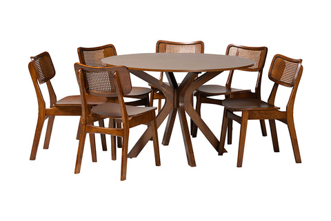 Baxton Studio Linnet Mid-Century Modern Walnut Brown Finished Wood and Rattan 7-Piece Dining Set