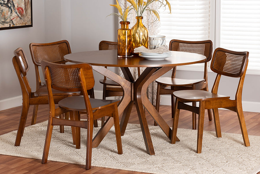 Baxton Studio Linnet Mid-Century Modern Walnut Brown Finished Wood and Rattan 7-Piece Dining Set