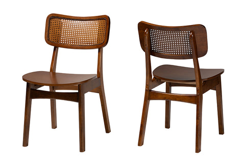 Baxton Studio Tafari Mid-Century Modern Walnut Brown Finished Wood and Rattan 2-Piece Dining Chair Set