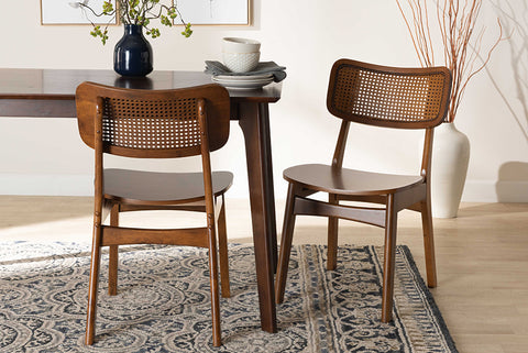 Baxton Studio Tafari Mid-Century Modern Walnut Brown Finished Wood and Rattan 2-Piece Dining Chair Set