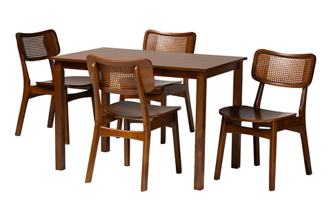 Baxton Studio Estera Mid-Century Modern Walnut Brown Finished Wood and Rattan 5-Piece Dining Set