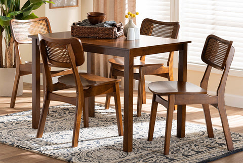Baxton Studio Estera Mid-Century Modern Walnut Brown Finished Wood and Rattan 5-Piece Dining Set