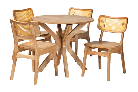 Baxton Studio Camilo Mid-Century Modern Oak Brown Finished Wood and Rattan 5-Piece Dining Set