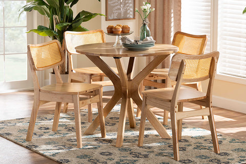 Baxton Studio Camilo Mid-Century Modern Oak Brown Finished Wood and Rattan 5-Piece Dining Set